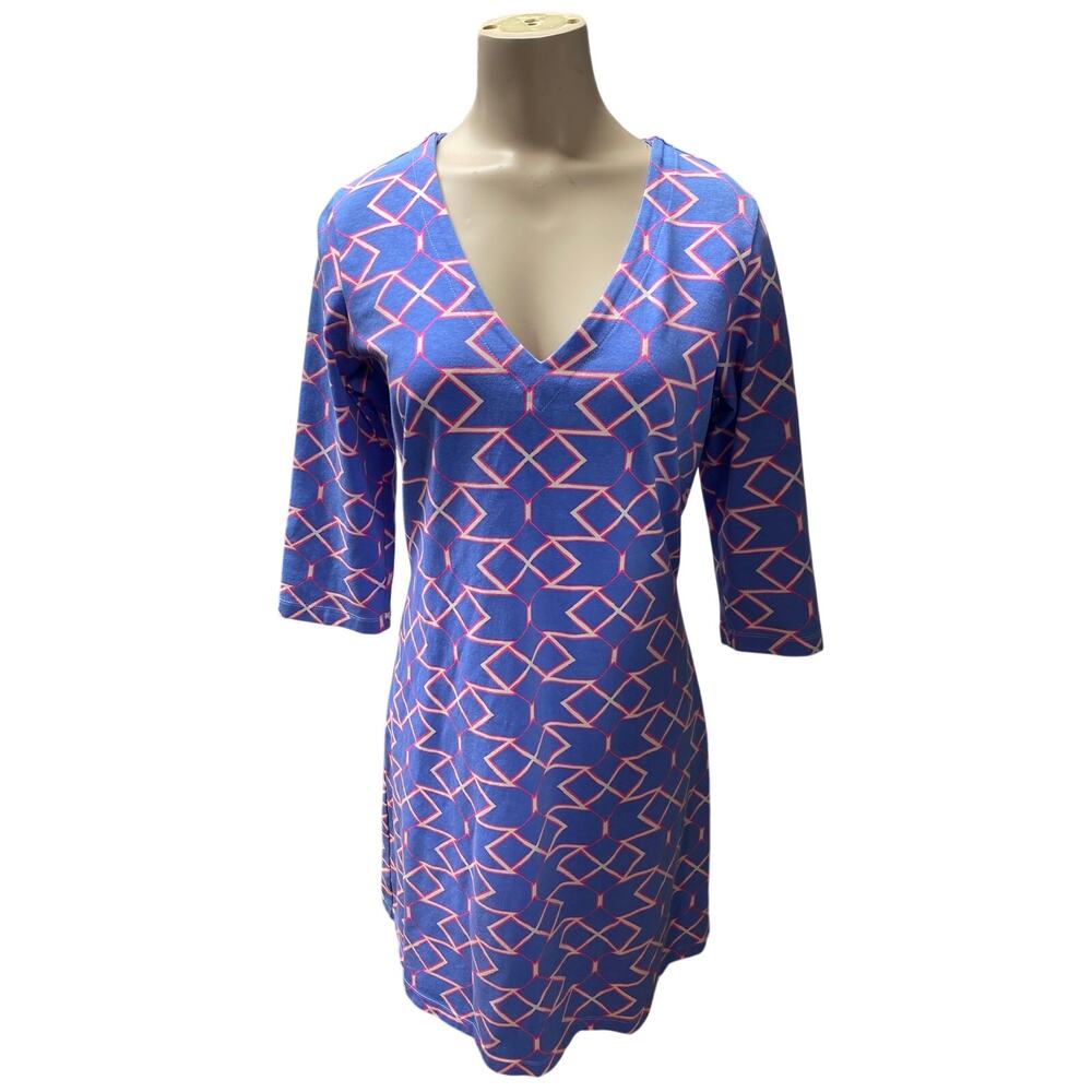 MAHI GOLD Shift 3/4 Sleeve Crew Neck Nautical Vibes Dress Med Blue Argyle Cotton
